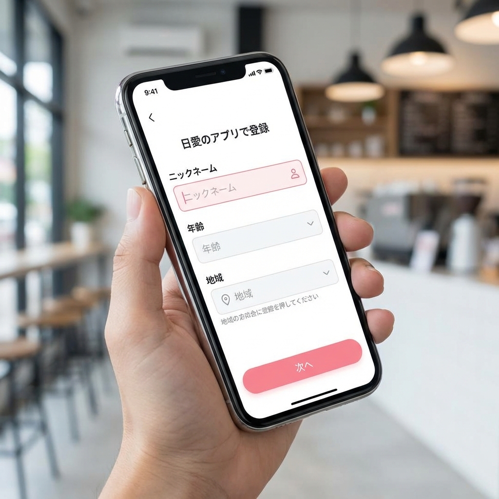 フェリースの新規登録画面イメージ：ニックネーム、年齢、地域入力画面