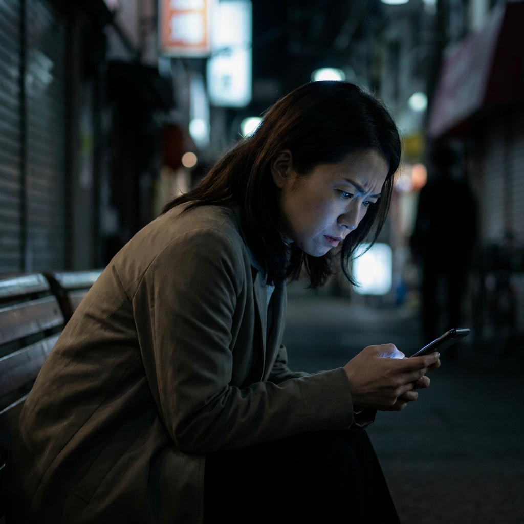 スマートフォンを見ながら考え込んでいる女性