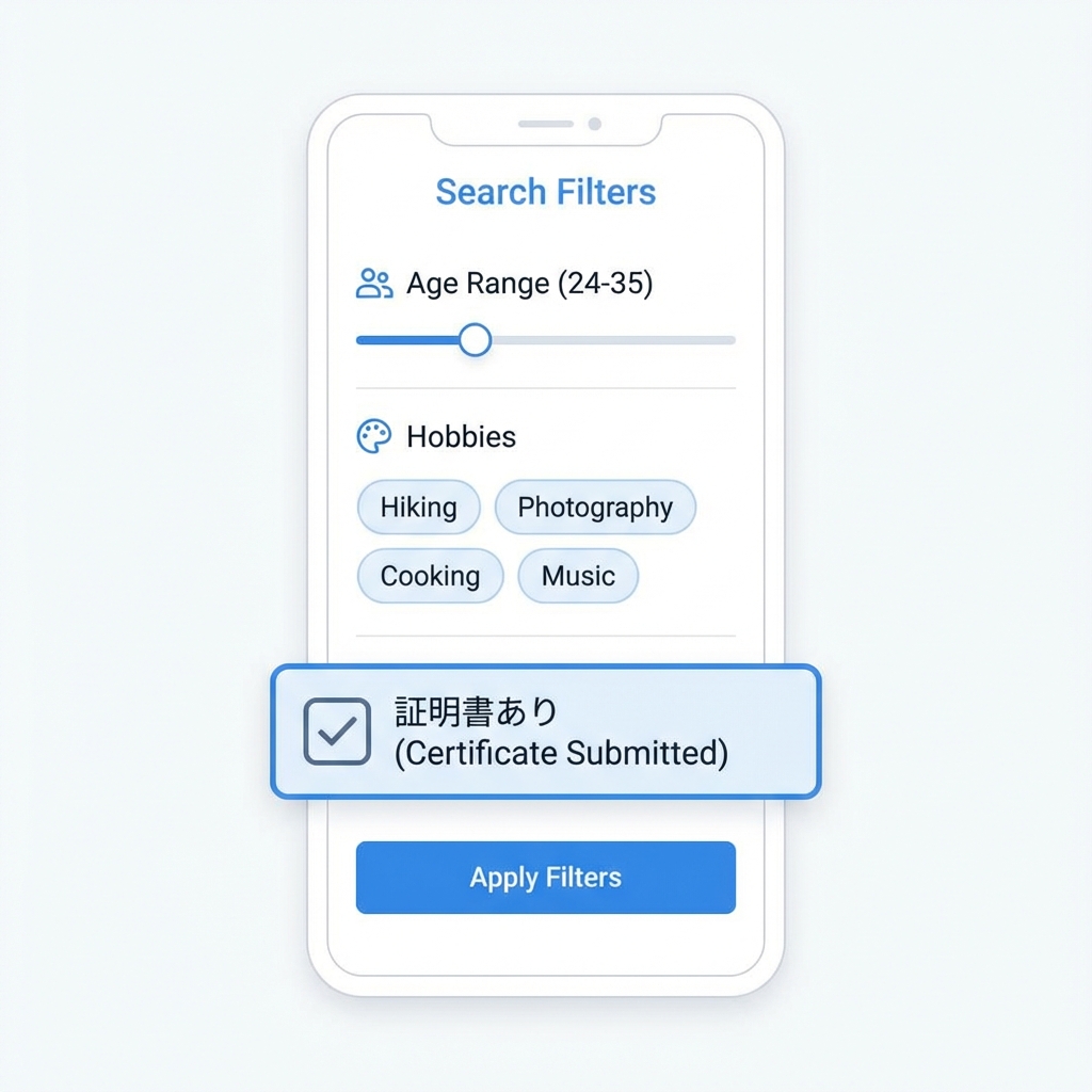Match.comの検索画面。「証明書あり」にチェックを入れる手順