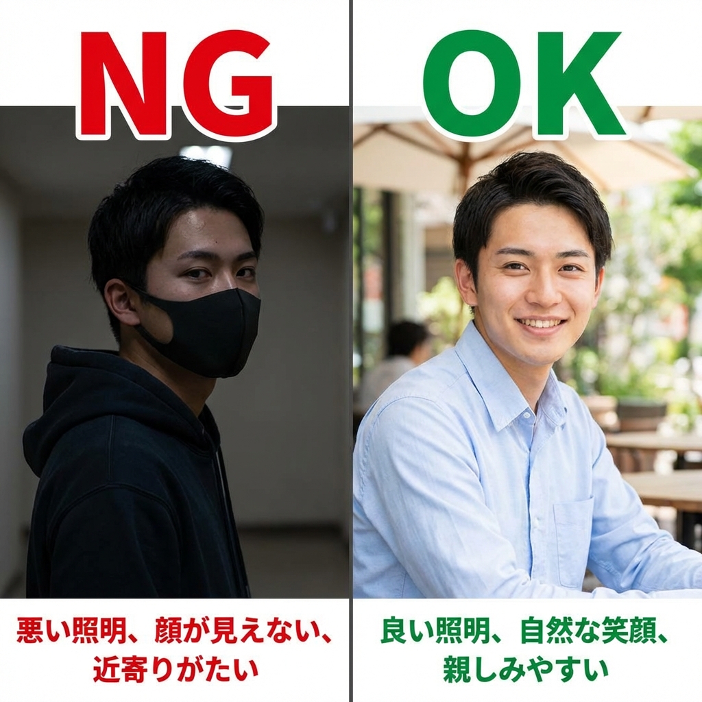 プロフィール写真のNG例とOK例の比較：暗い写真やマスクはNG、自然な笑顔がOK